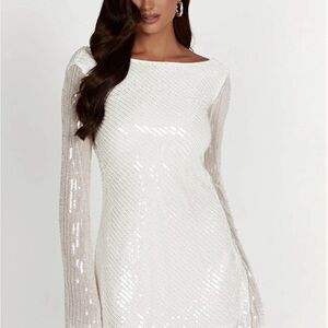 Meshki White Sequin Backless Long-Sleeve Dress